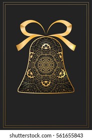 Black background with gold vintage ornament. Shape of bell. Can be use for banner, flyer, greeting card, wedding.