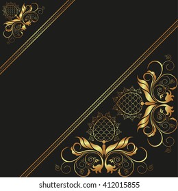 A black background with golden angular traditional folk floral ornament. Vector illustration.