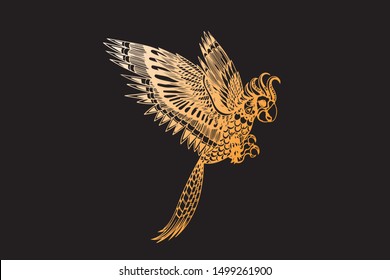 With a black background, golden bird tattoo