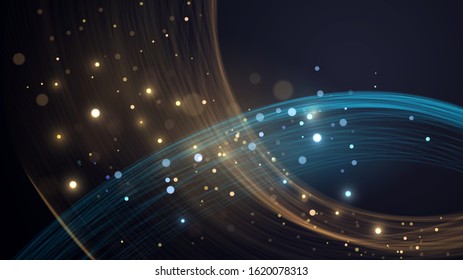 Black background with golden and blue wave and glowing blurred dust, abstract background with bokeh sparks effect
