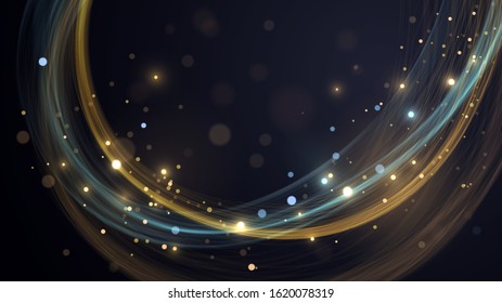 Black background with golden and blue wave and glowing blurred dust, abstract background with bokeh sparks effect