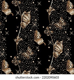 Black background with golden butterflies.Abstract golden butterflies in a pattern on a black background with decor.