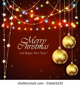 Black background with golden Christmas balls and colorful lights, holiday decorations with inscriptions Merry Christmas and Happy New Year, illustration.