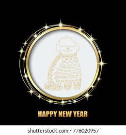 Black background with golden dog, a symbol of the new year and space for text.