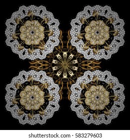 Black background with golden elements. Oriental style arabesques. Vector golden pattern. Vector illustration. Golden textured curls.