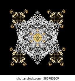 Black background with golden elements. Golden pattern. Metal with floral pattern. Vector golden floral ornament brocade textile pattern, white doodles.