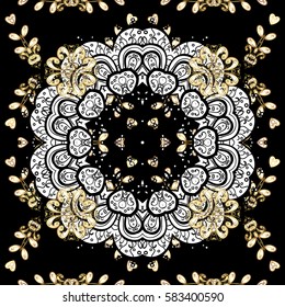Black background with golden elements. Seamless golden pattern. Metal with floral pattern. Vector golden floral ornament brocade textile pattern, white doodles.