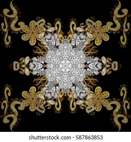 Black background with golden elements. Seamless oriental ornament in the style of baroque. Traditional classic vector golden seamless pattern.