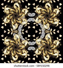 Black background with golden elements. Seamless oriental ornament in the style of baroque. Traditional classic vector golden seamless pattern.