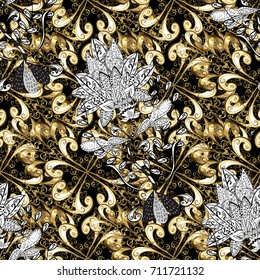 Black background with golden elements. Seamless oriental ornament in the style of baroque. Traditional classic vector golden seamless pattern.