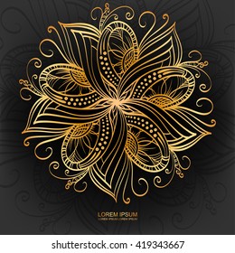 Black background with golden fantasy flower. Hand drawn mandala with golden contour on black background. 