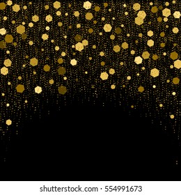 Black background with golden glitter particles elements in shape of hexagon on top. Sparkling texture, star dust sparks in explosion effect of greeting card. Vector holiday illustration for decoration