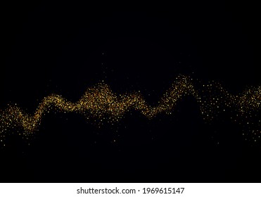 Black background with golden glitter particles.Abstract wavy stream of golden particles.Festive invitation background.