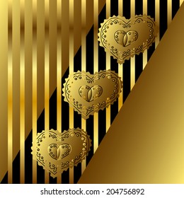black background with Golden hearts diagonal and vertical stripes with space for text, vector