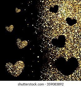 Black background with golden hearts, vector illustration