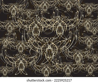 Black background with golden linear butterfly elements. Seamless pattern for embroidery, interior solutions, covers, wallpapers, fashion trends, business concepts, fabrics, textiles, scrapbooking