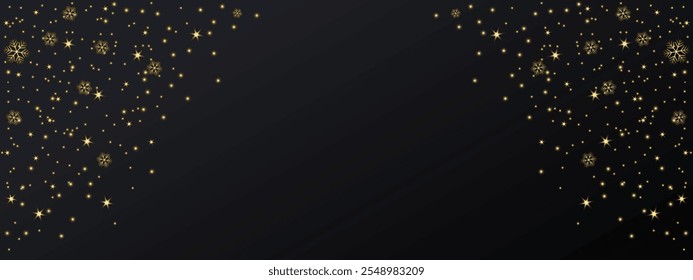 Black background with golden snowflakes and stars. Glittering vector dust on dark background. Goldden sparkling lights. Christmas Holiday glow particle. Shine background	