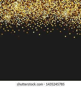 Black background with golden star confetti and space for text.