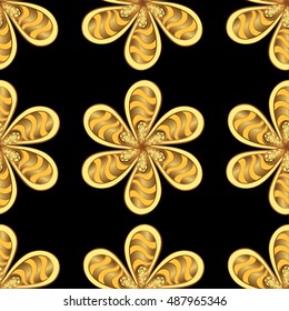 black background with golden stipe flowers. Vector.