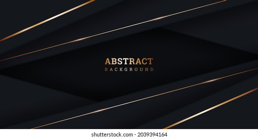 Black background with golden stripes. Festive background in paper cut style. Vector illustration 3D. Poster with layered geometric shapes. Modern banner. Elegant decoration. Luxury design wallpaper.