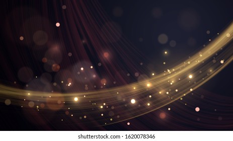 Black background with golden wave and golden blurred dust, abstract background with bokeh effect sparks