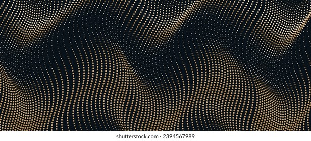 Schwarzer Hintergrund mit goldenen Wellen von fließenden gewellten Punkten.