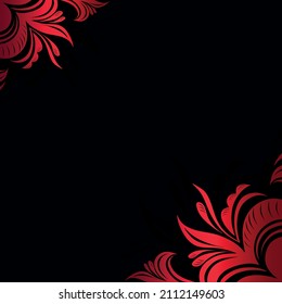 Black background with graceful stylized red flowers in the corners, a template for covers, postcards, congratulations, invitations to events, advertising in fashion, cosmetology, floristry. Vector