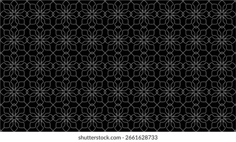 Vector gráfico de fondo negro con patrones geométricos y líneas blancas abstractas, y una repetición perfecta para fondos Horizontales o fondos texturizados para Elementos de diseño y telas