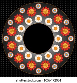 Black background with gray dots and colorful flowers