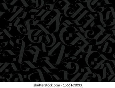 Black background with gray gothic letters. Vector. Gloomy pattern for text and fabric.