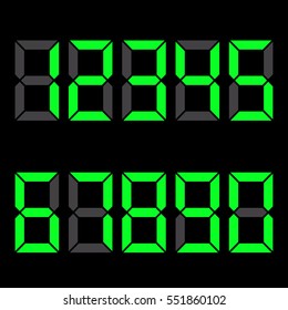Black background . green numbers. electronic components hours. Vector illustration .