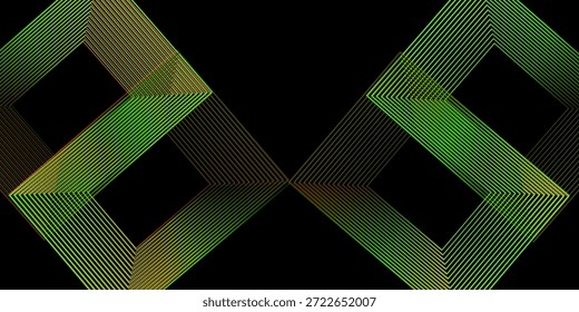 Black background with green shiny geometric lines. Modern shiny yellow and green square line pattern. Elegant graphic design. Futuristic technology concept.
