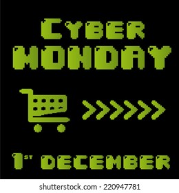 a black background with green text and a cart for cyber monday