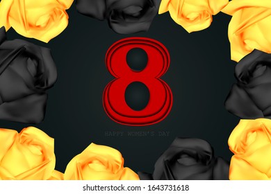 Black background. Greeting card. Women's Day. flowers.