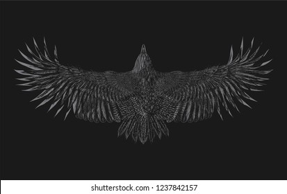 Black background with grey flying bird. Grunge pattern.