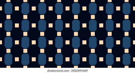 Black background grid pattern checkered design. Abstract doodle shape seamless texture. Creative round check effect modern geometric fabric print. Contemporary graphic art decorative fashion textile.