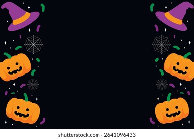 black background for halloween with pumpkins, cobwebs, and witch hats