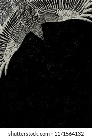Black background with hand drawn owl.Vintage texture.Backdrop with flying bird.To be used for poster of tattoo salon,page of book,invitation card for party.Grunge poster.Vertical banner.