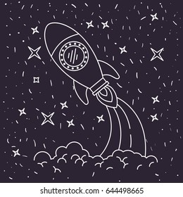 black background with hand drawn space rocket launching in starry sky vector illustration