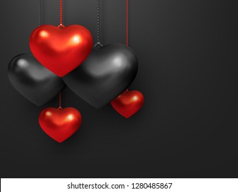 Black background with hanging 3d metallic red and black hearts. Decorative love concept for Valentines day. Top view, copy space. Vector illustration.