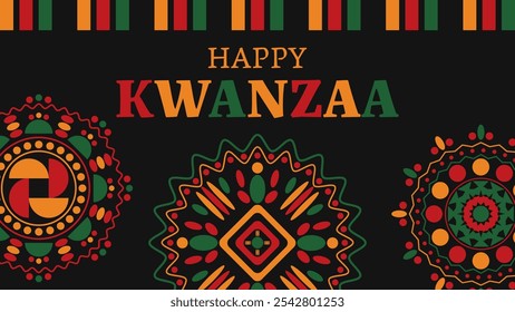 Black background with happy kwanzaa greeting and colorful geometric patterns celebrating african harvest festival. Vector illustration.