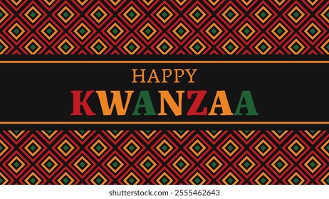 Black background with happy kwanzaa greeting and colorful geometric patterns celebrating african harvest festival. Vector illustration.