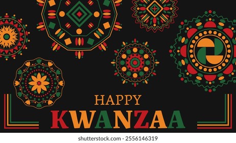 Black background with happy kwanzaa greeting and colorful geometric patterns celebrating african harvest festival. Vector illustration.