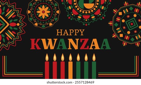 Black background with happy kwanzaa greeting and colorful geometric patterns celebrating african harvest festival. Vector illustration.