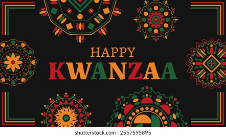 Black background with happy kwanzaa greeting and colorful geometric patterns celebrating african harvest festival. Vector illustration.