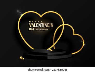Black background with heart podium and hearts golden shape in luxury style Blank stage for product display on Valentine's day. Vector illustration.