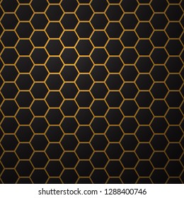 Black background with hexagons, honeycomb pattern. Vector