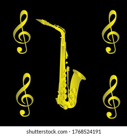 black background illustration and music notes and saxofone