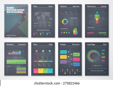 Black Background Infographic Brochures With Flat Colorful Style. Vector Illustrations Of Modern Info Graphics. Use In Website, Flyer, Corporate Report, Presentation, Advertising, Marketing Etc.