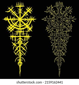 Black background with ink blots and abstract yellow brushed symbol. Old norse viking mythology wallpaper with rune symbol. Tattoo sample pattern design